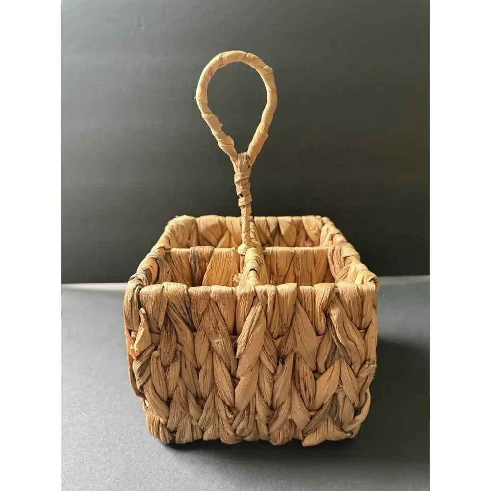 Vintage Wicker Flatware Cutlery Wine Basket Organizer Woven Divided Barware